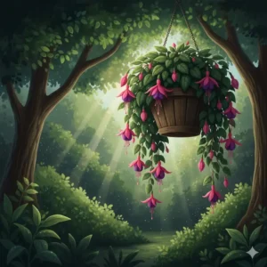 Vibrant pink fuchsia flowers blooming as hanging plants for shade in a garden.