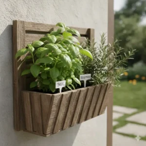 A rustic outdoor wall basket used as a vertical herb garden with fresh basil.