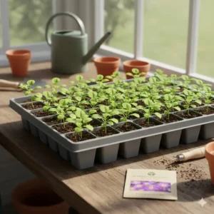 Healthy green seedlings emerging from the soil after planting high-quality hanging basket seeds.