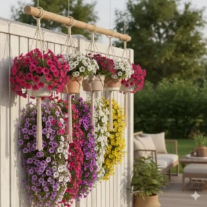 Outdoor wooden fence decorated with an elegant 6 hanging planter arrangement for spring flowers.