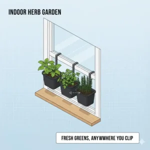 Kitchen window sill featuring clip on hanging baskets filled with fresh basil, parsley, and rosemary.