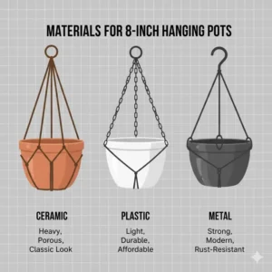 A comparison graphic showing ceramic, plastic, and metal 8 inch hanging pots side by side.