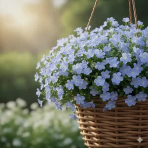 Heat-tolerant Scaevola fan flowers in purple-blue shades perfect for blue hanging basket plants.