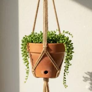A close-up of a rustic clay terracotta 4 inch hanging planter showing its natural texture and rope hanger.