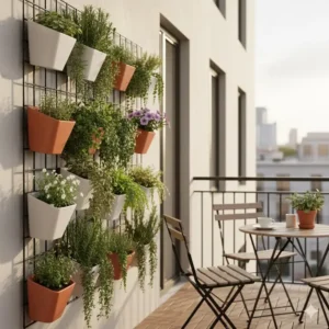 A small balcony optimized with a vertical 10 hanging planter arrangement for urban gardening.