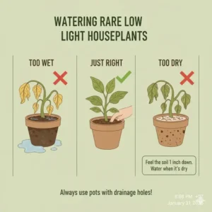 A helpful gardening illustration demonstrating how to properly water rare low light plants to avoid root rot.
