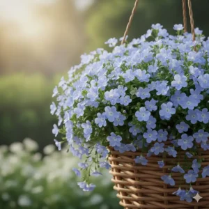 Deep violet and blue Torenia wishbone flowers growing as lush blue hanging basket plants.
