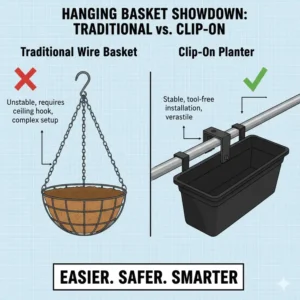 Comparison chart highlighting the stability and easy installation of clip on hanging baskets versus traditional wire hanging pots.