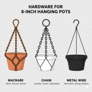 Illustration of different heavy-duty chains and hooks designed to support 8 inch hanging pots.
