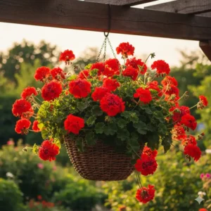 Bright red geraniums planted in a basket, highlighting the best perennials for hanging baskets that love direct sunlight.