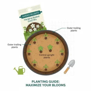 A detailed diagram showing how to space and plant hanging basket seeds in a lined basket.