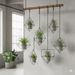 Modern black geometric metal 6 hanging planter frames perfect for air plants and succulents.