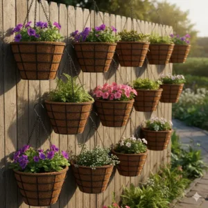 Sturdy black metal wire 10 hanging planter baskets with coco coir liners for outdoor use.