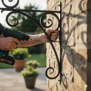 Close-up of a sturdy metal bracket supporting a heavy outdoor wall basket.