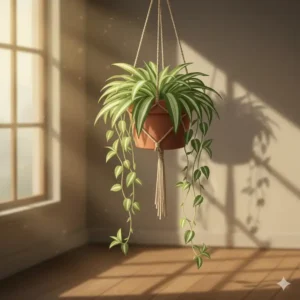 A variegated spider plant indoor, perfect choice for hanging plants for shade.