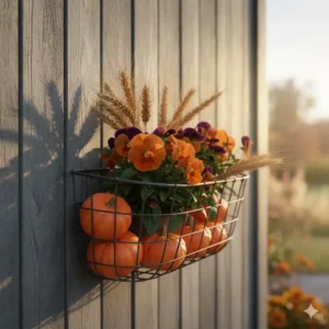 An outdoor wall basket decorated with autumn pumpkins and seasonal dried plants.