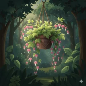 Delicate bleeding heart flowers displayed as hanging plants for shade in a forest setting.