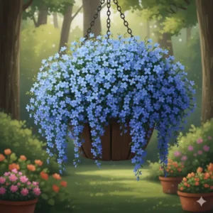 Delicate blue lobelia cascading down, making them the best flower plants for hanging baskets for a soft texture.