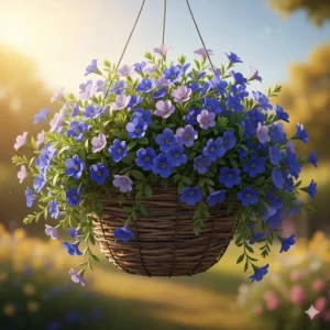 Brilliant true-blue Evolvulus Blue My Mind flowers thriving in sun-drenched blue hanging basket plants.