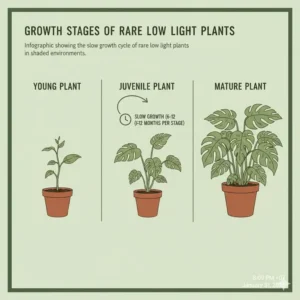 An infographic showing the slow but steady growth stages of rare low light plants in shaded indoor areas.