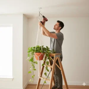 A person installing heavy-duty ceiling hooks for a 10 hanging planter indoor display.