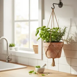 A functional kitchen herb garden setup using a 4 inch hanging planter mounted near a bright window.