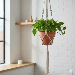 Elegant white macrame contemporary hanging planters for a modern bohemian home decor style.