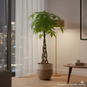 A braided Money Tree positioned away from a window to show it is one of the best low light indoor trees.