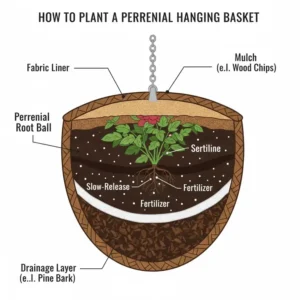 A step-by-step planting diagram showing how to arrange the best perennials for hanging baskets for healthy growth.