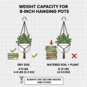 An informative chart explaining the maximum weight limit for 8 inch hanging pots when filled with wet soil.