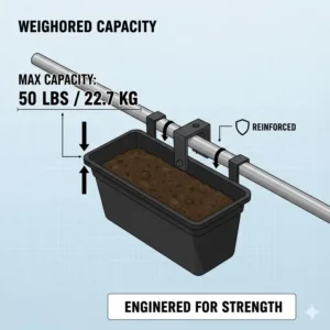 Illustration demonstrating the weight-bearing capacity of a reinforced clip on hanging baskets filled with damp potting soil.