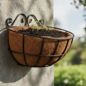 A wire outdoor wall basket featuring a natural coco liner for plant drainage.
