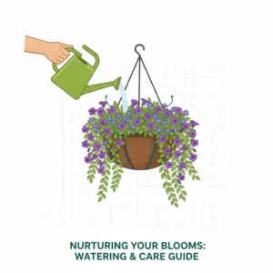 Someone using a watering can to provide moisture to young plants grown from hanging basket seeds.