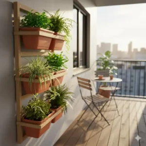 Space-saving tiered vertical 6 hanging planter layout on a sunny apartment balcony wall.