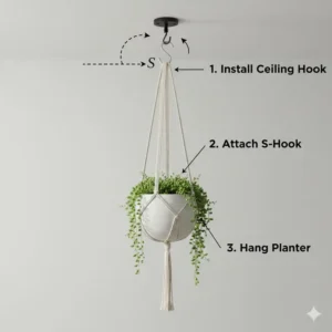Step-by-step guide on how to securely install a 4 inch hanging planter using a ceiling hook and S-hook.