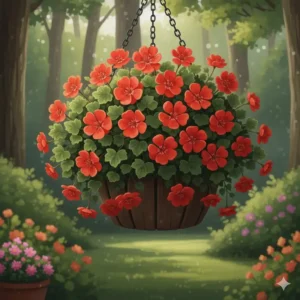 Classic red ivy geraniums with trailing foliage, among the best flower plants for hanging baskets for summer heat.