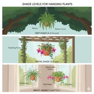 An educational diagram showing different light levels for hanging plants for shade.
