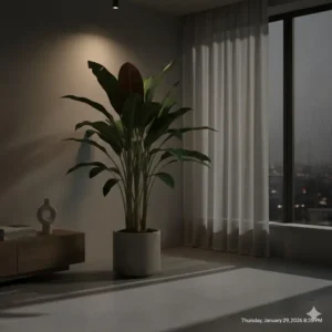 A dark burgundy Rubber Tree standing in a room with minimal light, representing the best low light indoor trees.