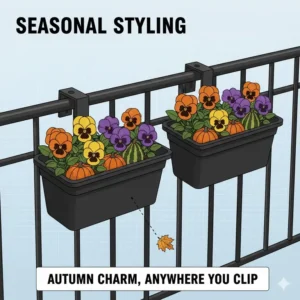 Decorative clip on hanging baskets styled with autumnal pansies and miniature pumpkins for seasonal curb appeal.