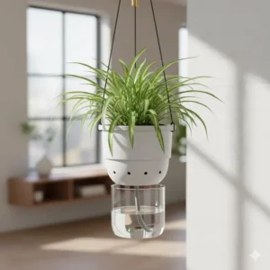 Functional self-watering contemporary hanging planters designed for easy maintenance of indoor greenery.