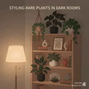 Interior design illustration showing a bookshelf styled with several rare low light plants in a dim corner.