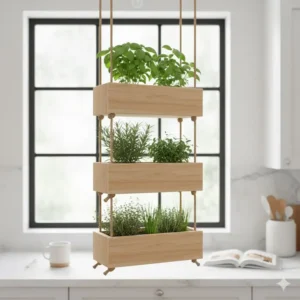 A tiered wooden 10 hanging planter system perfect for growing a kitchen herb garden.