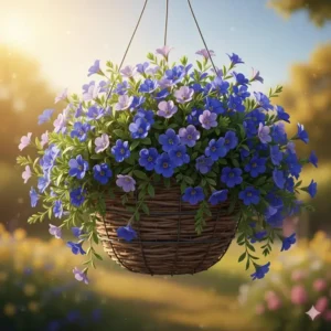 A person using a copper watering can to care for healthy blue hanging basket plants in the garden.
