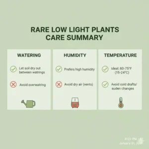 A complete care summary checklist for maintaining healthy rare low light plants including humidity and temperature tips.