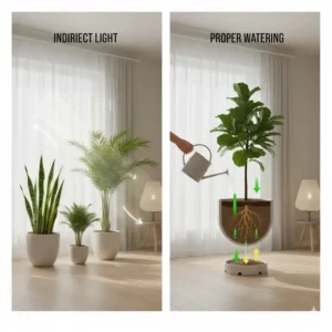 An informative illustration showing the proper care and watering for the best low light indoor trees.