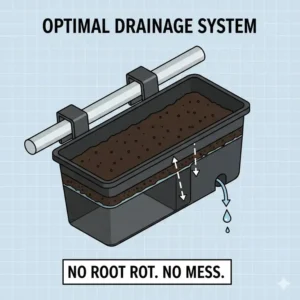 Technical illustration of the built-in drainage reservoir at the bottom of a clip on hanging baskets to prevent root rot.