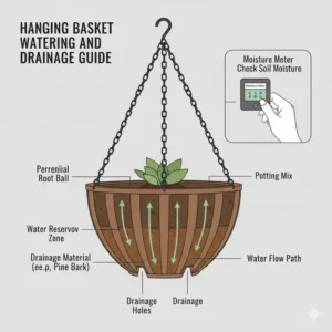 A technical guide illustrating proper soil drainage and watering for the best perennials for hanging baskets.