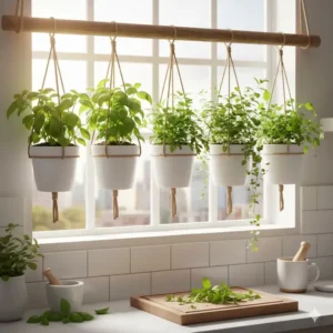 A practical indoor herb garden using a 6 hanging planter set to grow fresh basil and mint.