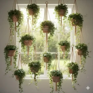 Lush English Ivy growing in a decorative 10 hanging planter set against a sunny window.
