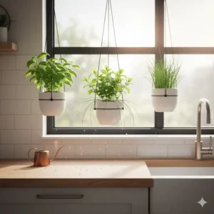 Small contemporary hanging planters installed in a sunny kitchen window filled with fresh aromatic herbs.